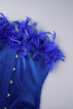 Robes de robe sans bretelles bleues sexy en patchwork de plumes solides