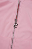 Roze elegante effen patchwork zak met trekkoord, rits, capuchon, kraag, lange mouw, twee stukken