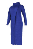 Blue Casual Solid Slit Turtleneck Long Sleeve Dresses