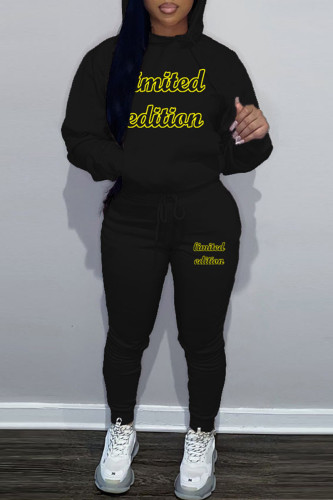 Black Sportwear Casual Letter Print Hooded Collar Long Sleeve Sweatshirt And Draw String Pants Two Pieces Sweatsuit Sets