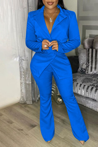 Blue Casual Solid Patchwork Buttons Turn-back Collar Long Sleeve Two Pieces