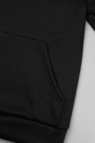 ブラック カジュアル ソリッド パッチワーク ドローストリング ポケット フード付き襟 長袖 XNUMX 枚