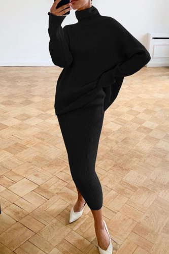 Black Casual Solid Basic Turtleneck Long Sleeve Two Pieces