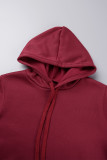 Burgundy Casual Solid Patchwork Draw String Pocket Hooded Collar Long Sleeve Two Pieces