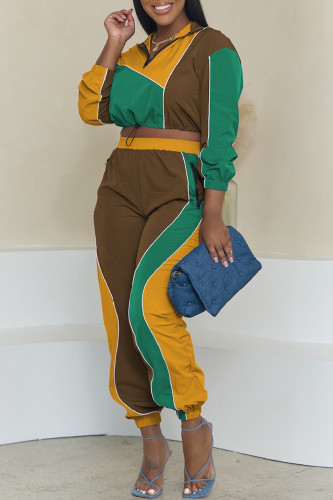 Yellow Casual Patchwork Contrast Zipper Collar Long Sleeve Two Pieces