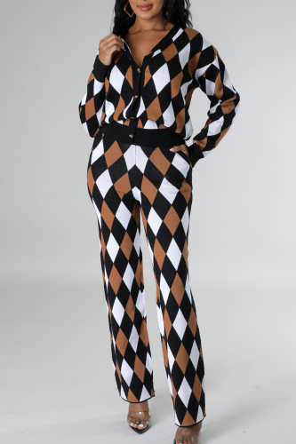 Black White Sweet Print Patchwork Buckle V Neck Long Sleeve Two Pieces(without pocket)