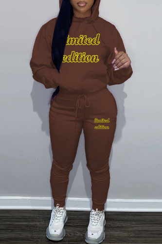 Brown Sportwear Casual Letter Print Hooded Collar Long Sleeve Sweatshirt And Draw String Pants Two Pieces Sweatsuit Sets
