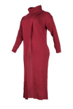 Rode casual effen jurken met col en lange mouwen met split