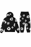 Black Street Print Patchwork Hooded Collar Long Sleeve Two Pieces