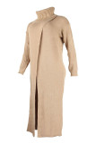 Khaki Casual Solid Slit Turtleneck Long Sleeve Dresses