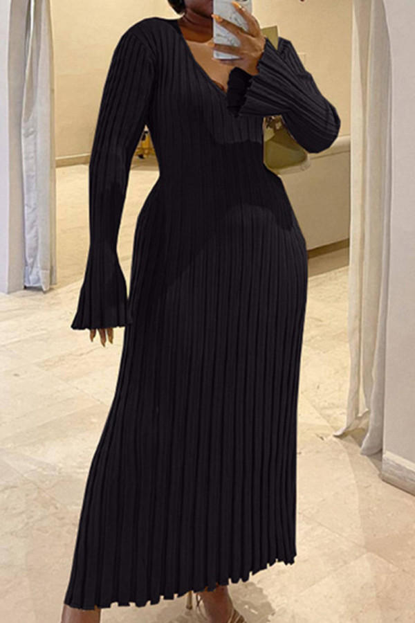 Zwarte casual effen V-hals A-lijn jurken