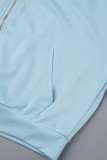 Azul claro elegante sólido patchwork cordão bolso zíper gola com capuz manga comprida duas peças