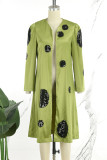 Olive Green Casual Print Sequins Patchwork O Neck Outerwear