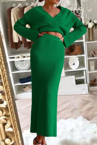 Green Casual Solid Patchwork V Neck Long Sleeve Two Pieces