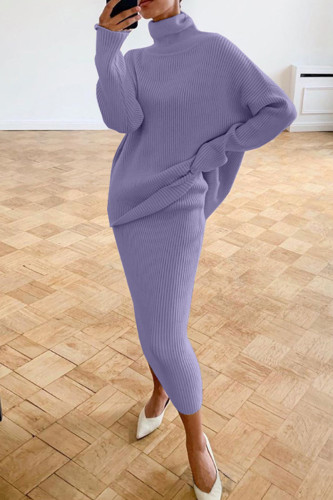 Light Purple Casual Solid Basic Turtleneck Long Sleeve Two Pieces