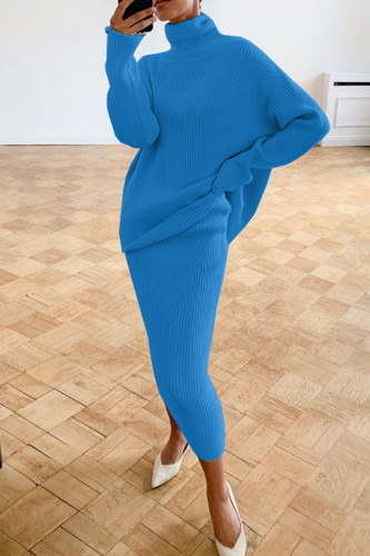 Blue Casual Solid Basic Turtleneck Long Sleeve Two Pieces