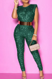 Red Casual Patchwork Sequins O Neck Plus Size Jumpsuits (Without Belt)