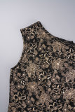 Svart guld Sexig bronzing patchwork slits av axeln Oregelbundna klänningar