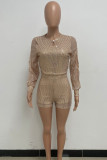 Cream White Sexy Solid Hollowed Out Sequins Patchwork Slit Zipper O Neck Loose Rompers