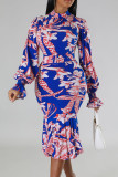 Vestidos de vestido estampado azul pavão elegante patchwork com zíper e gola redonda