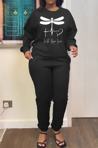 Black White Casual Print Basic O Neck Long Sleeve Two Pieces