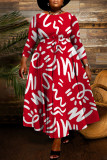 Rotes, lässiges, bedrucktes, einfaches, langes Kleid mit O-Ausschnitt und Kleider in Übergröße