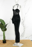 Zwart sexy effen patchwork doorzichtige rugloze split spaghetti band lange jurk jurken