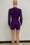 Purple Sexy Solid Hollowed Out Sequins Patchwork Slit Zipper O Neck Loose Rompers