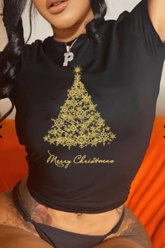 Black Daily Party Print Christmas Tree Patchwork O Neck T-Shirts