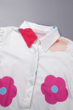 ホワイトカジュアルスウィートキュートバケーションプリント包帯プリントターンダウンカラー長袖二枚