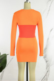 Оранжевые повседневные лоскутные платья с длинным рукавом и контрастным U-образным вырезом