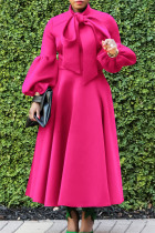 Розово-красные элегантные однотонные лоскутные платья с бантом и круглым вырезом