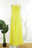Bandagem de renda perfurada sólida amarela para férias elegantes vestidos ocos frente única vestidos assimétricos