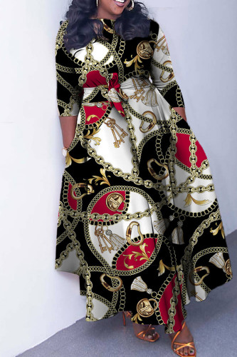 Black Casual Print Basic O Neck Long Dress Plus Size Dresses