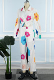 White Casual Sweet Cute Vacation Print Bandage Printing Turndown Collar Long Sleeve Two Pieces