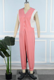 ピンク カジュアル ストリート デイリー シンプル パッチワーク ポケット コントラスト 非対称襟 レギュラー ジャンプスーツ