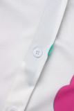 ホワイトカジュアルスウィートキュートバケーションプリント包帯プリントターンダウンカラー長袖二枚