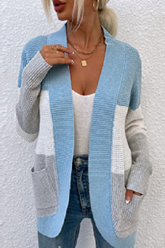 Blue Casual Patchwork Cardigan Contrast Outerwear