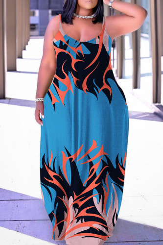 Blue Sexy Casual Print Backless Spaghetti Strap Long Dress Dresses