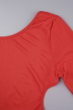 Robe longue rouge décontractée, couleur unie, dos nu, col rond