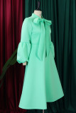 フルーツグリーンのエレガントなソリッドパッチワークボウOネックAラインドレス