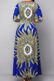 ブルーのエレガントなプリント パッチワーク O ネック プリント ドレス ドレス