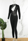 Macacão skinny preto sexy casual sólido básico com decote em V