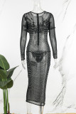 Black Sexy Party Formal Hot Drilling Patchwork See-through Beading O Neck Dresses