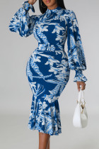 Pauwblauwe elegante print patchwork rits O-hals bedrukte jurk Jurken