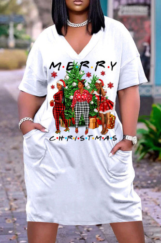 White Red Casual Print Basic V Neck Short Sleeve Dress