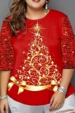 Black Casual Christmas Tree Printed Sequins Patchwork O Neck Plus Size Tops