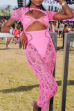 Roze sexy effen uitgeholde patchwork doorzichtige skinny jumpsuits met O-hals
