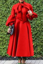 Patchwork solide élégant rouge avec nœud col rond robes trapèze