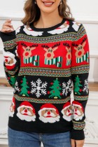 Zwarte casual kerstman patchwork basic O-hals tops